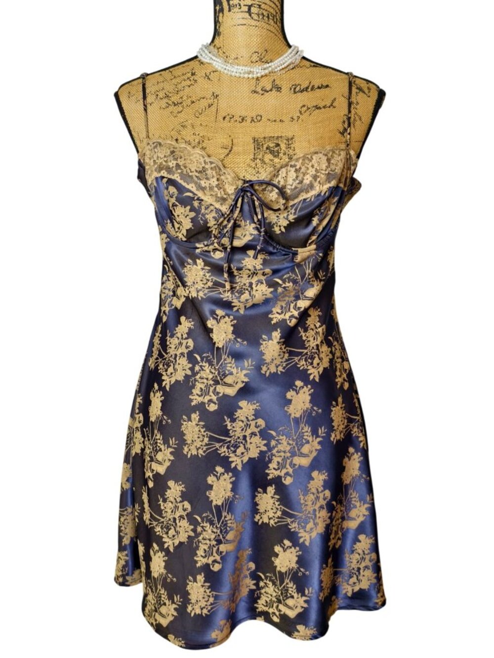 Windsor Womens L Y2K Slip Mini Dress Gold Satin Open Back Tie Elegant Smooth